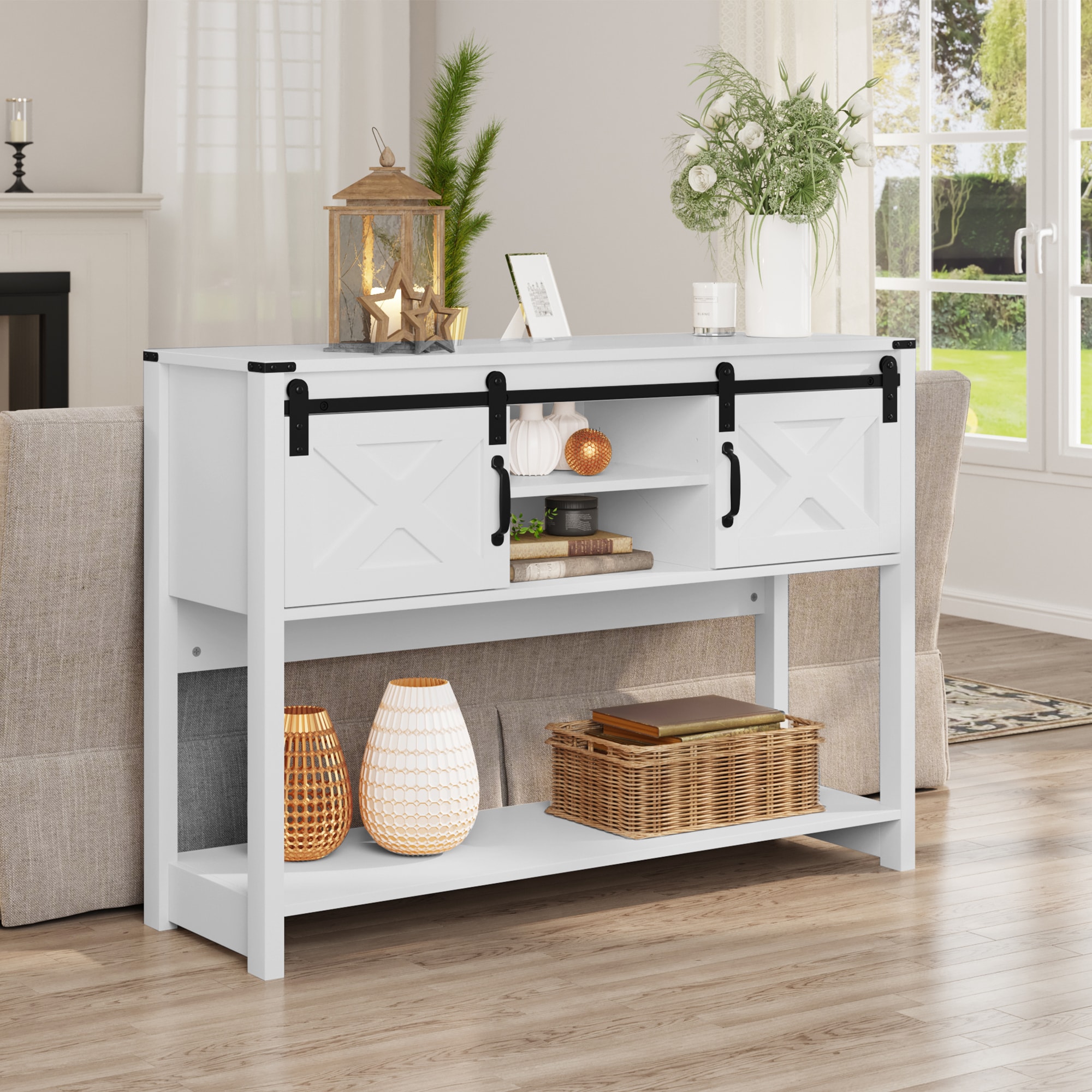 Heynemo Farmhouse Entryway Table With Drawers, 46" Console Table With Sliding Barn Door, Wood Rustic Sofa Table With Adjustable Shelf For Living Room, Foyer, Hallway，White_voghion.com